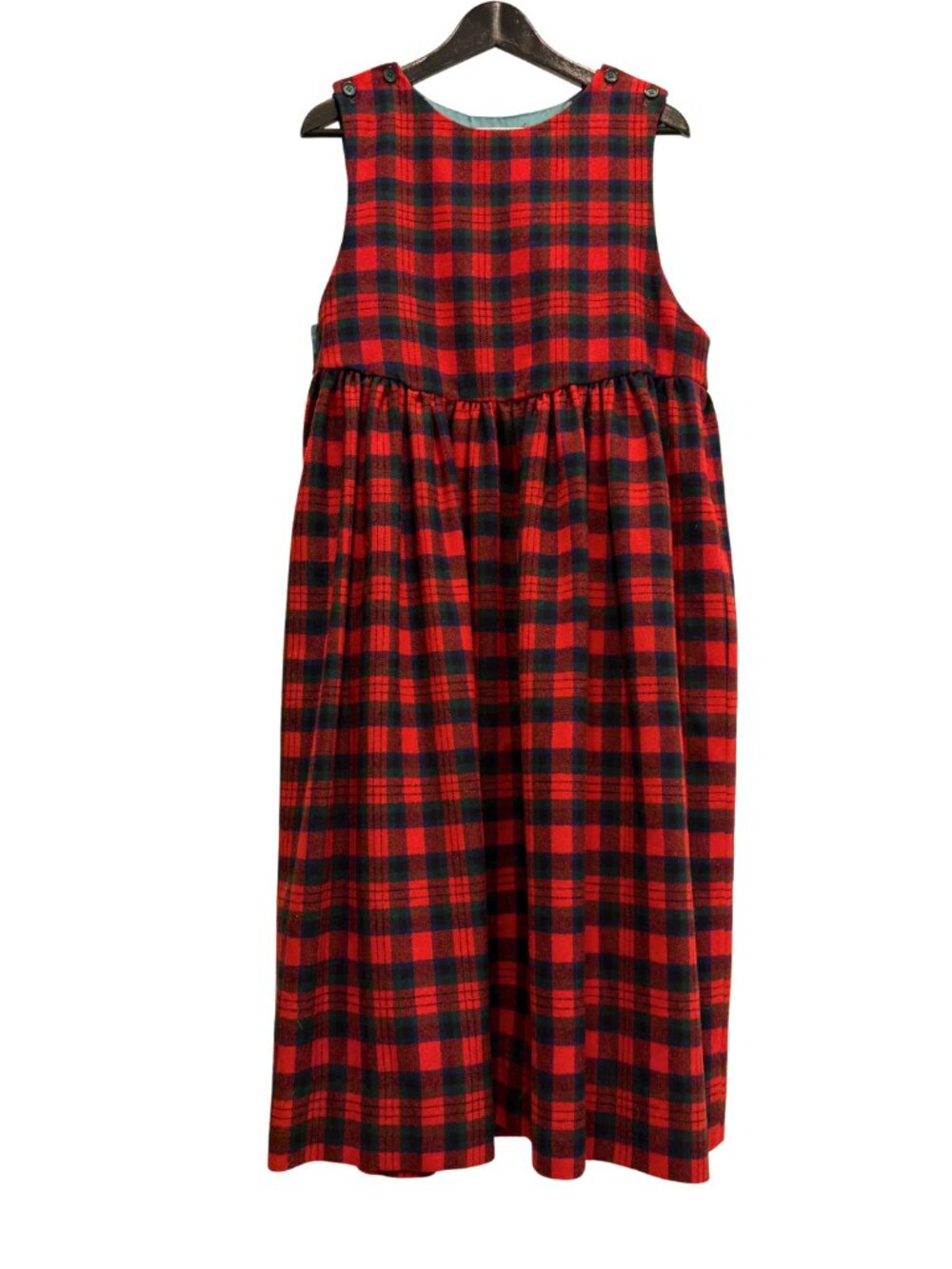 Vintage Handmade Plaid Pinafore Red Green Button Maxi Midi Dress Size M/L